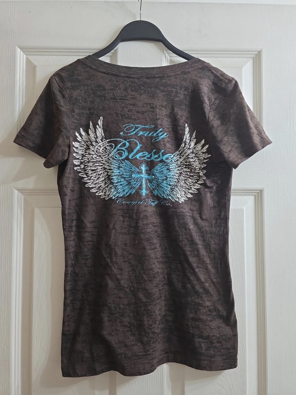 Womens "Truly Blessed" Graphic Tee - Brown with Blue Accent